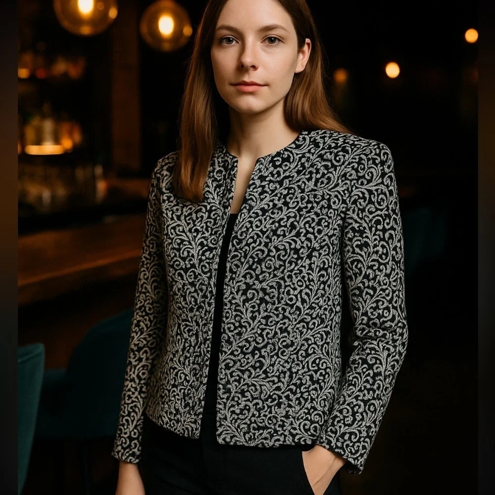 Alfred Dunner Womens Jacket Coat Metallic Black Floral Buttons Petites 12P